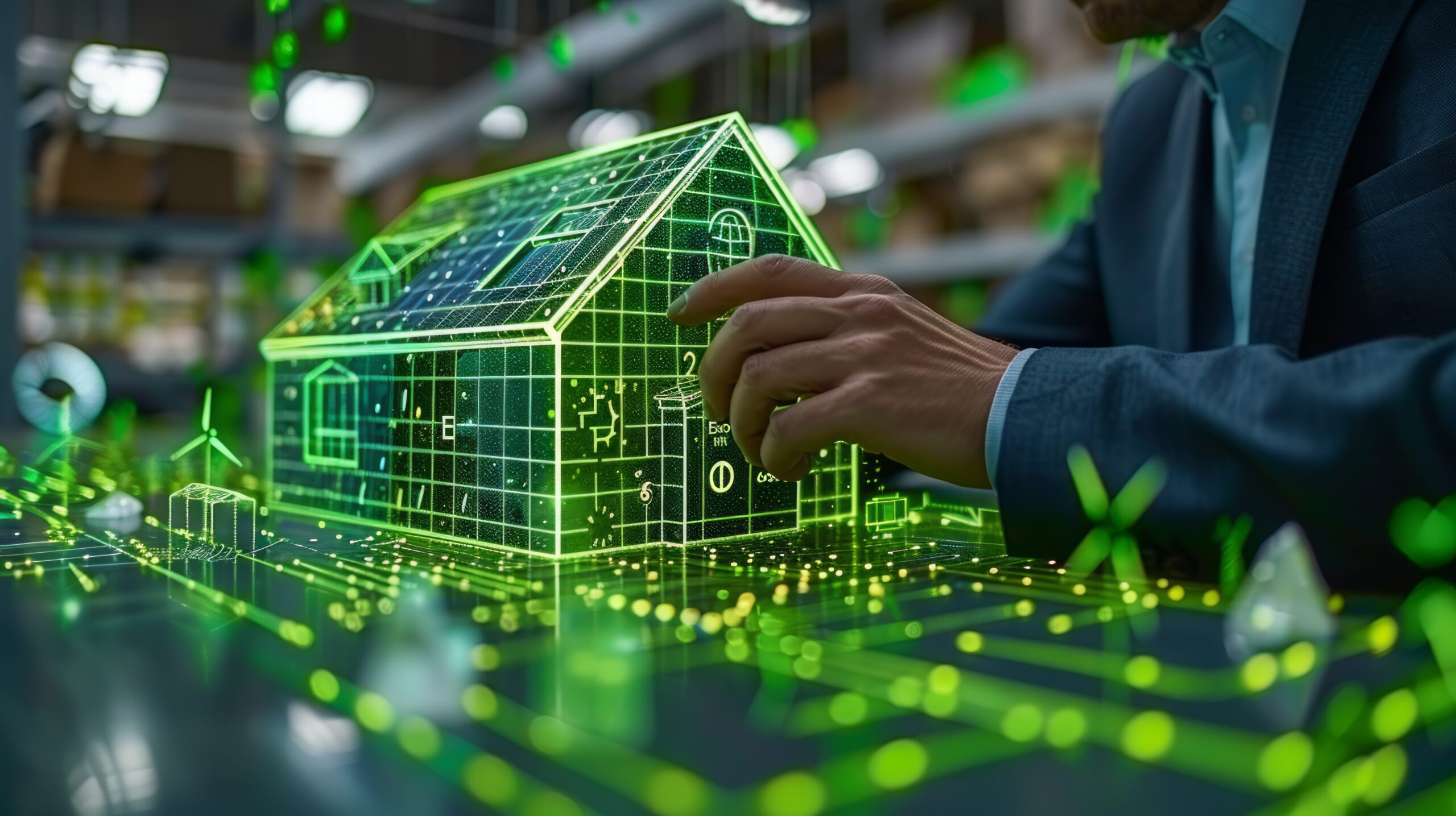 W futurystycznej scenerii osoba oglądająca dom ma do czynienia z holograficznym modelem domu prezentującym cyfrowe interfejsy i symbole zielonej energii, takie jak turbiny wiatrowe i panele słoneczne, co przypomina innowacyjne projekty cenione w restauracji Konstancin.