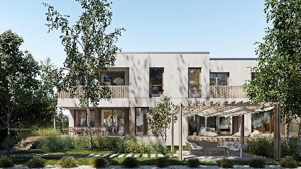 Nowoczesny luksusowy dom z dużymi oknami i patio zadaszonym pergolą, otoczony drzewami i zielenią. Zewnętrzna część ma minimalistyczny design z beżowymi i drewnianymi akcentami, tworząc spokojną i zachęcającą atmosferę dla wszystkich odwiedzających.