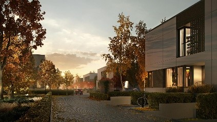 O zachodzie słońca ta nowoczesna dzielnica oferuje współczesne luksusowe domy i zadbane ogrody. Samochód stoi na brukowanej ulicy, otoczony jesiennymi drzewami, które dodają scenie ciepłych odcieni pomarańczy i złota, tworząc spokojną atmosferę.