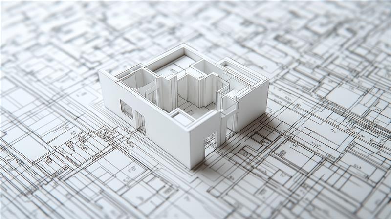 Model 3D budynku znajduje się na szczegółowych planach architektonicznych. Model prezentuje układ i strukturę budynku, a plany pięter są widoczne poniżej.