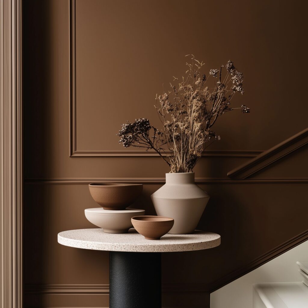 Okrągły stół z brązowymi i beżowymi ceramicznymi misami i wazonem wypełnionym suszonymi kwiatami stoi przed brązową ścianą panelową i schodami. Scena ma minimalistyczną, ziemską estetykę.