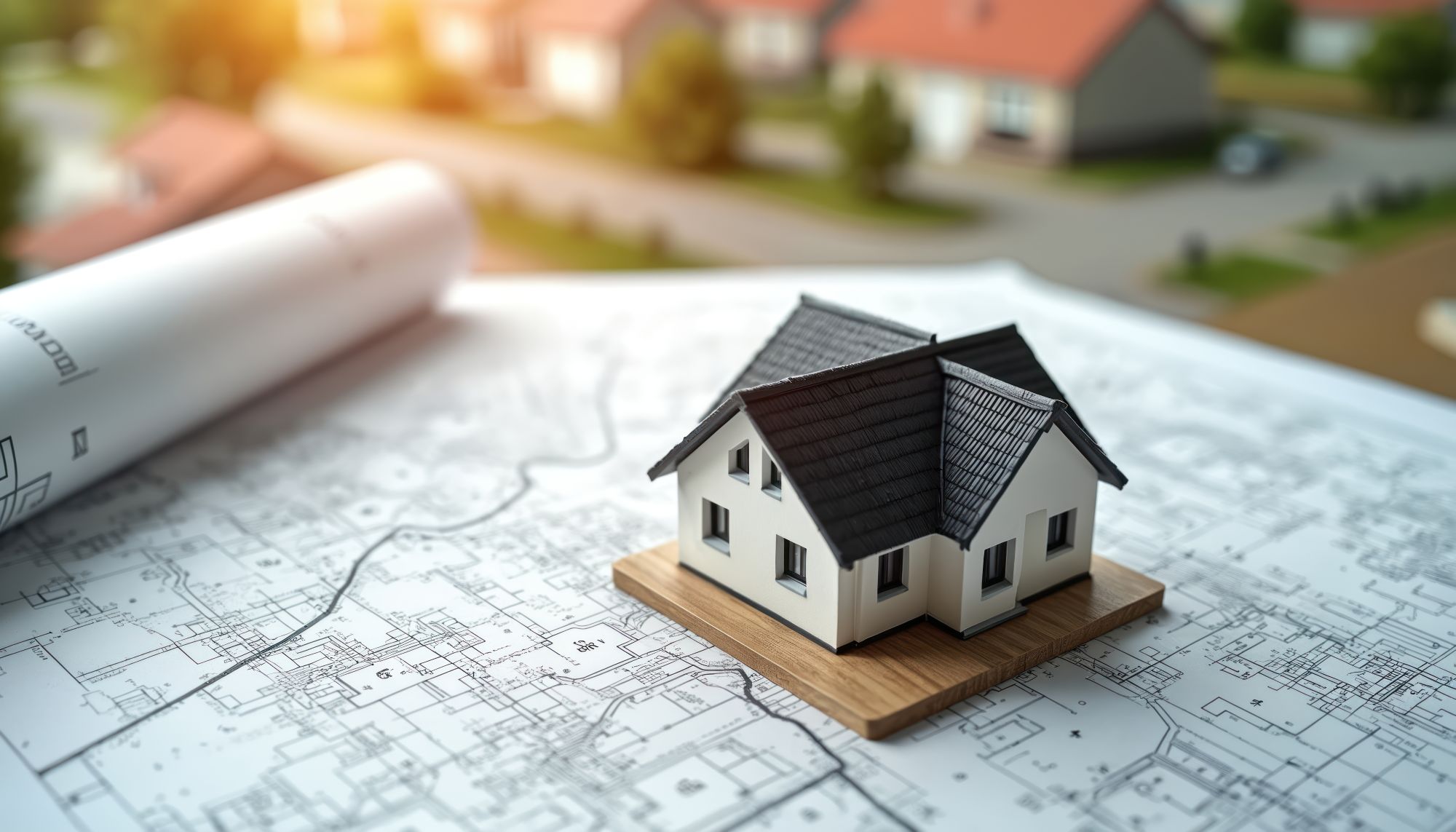 Mały model domu stoi na szczegółowych planach architektonicznych, obok niego zwinięty plan i rozmyte domy w tle. Światło słoneczne delikatnie oświetla scenę, sugerując planowanie lub rozwój.