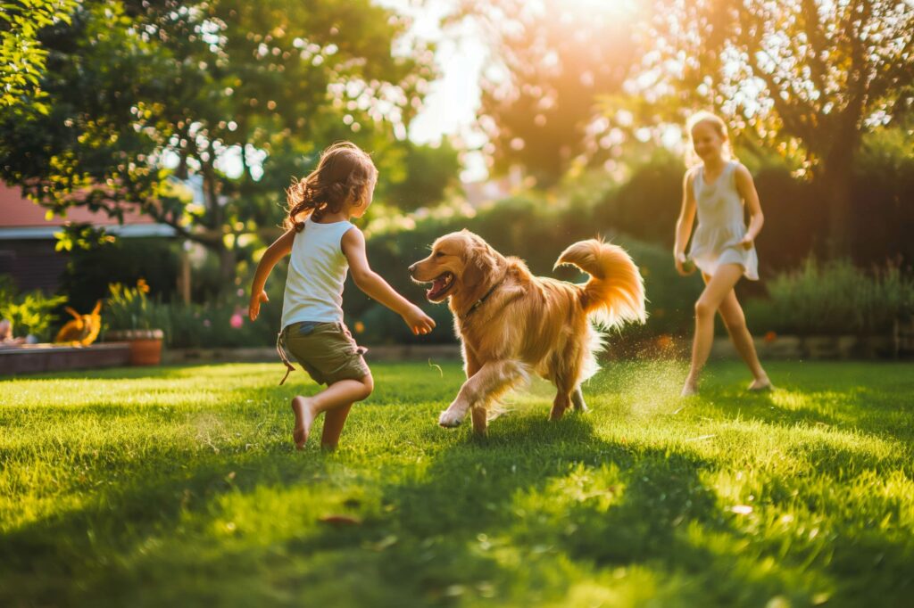 Dziecko i nastolatek bawią się radośnie z golden retrieverem na oświetlonym słońcem trawniku. Pies jest w trakcie biegu, macha ogonem, gdy dzieci go gonią. Drzewa i światło słoneczne tworzą ciepłe, żywe tło.