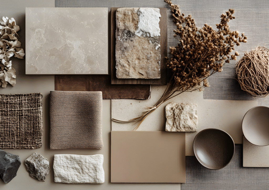 Kompozycja materiałów do wystroju wnętrz w neutralnych odcieniach, obejmująca płytki kamienne, próbki tkanin, ceramiczne miski, suszone kwiaty, papier o fakturze papieru i elementy tkane, wszystko w odcieniach beżu, brązu i szarości.