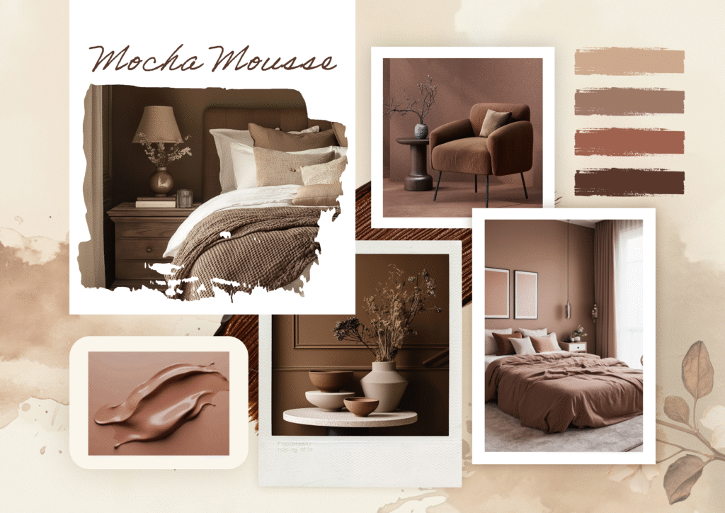 Moodboard zatytułowany Mocha Mousse prezentuje przytulne sypialnie, nowoczesny wystrój, próbki farb w ciepłych odcieniach brązu, fakturowane farby i neutralne, ziemiste elementy, które tworzą łagodną i przyjazną atmosferę.