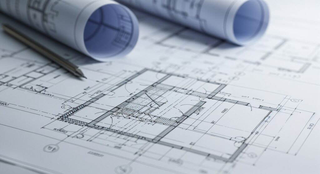 Zbliżenie planów architektonicznych ukazujących szczegółowe plany pięter i wymiary, z dwoma zwiniętymi planami i ołówkiem mechanicznym położonym na papierze.