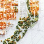Plan ogólny, pokazuje miasto podzielone zielonym parkiem z krętymi ścieżkami i drzewami. Lewa strona zawiera gęsto upakowane pomarańczowe budynki, podczas gdy prawa ma otwarte zielone przestrzenie i mniej struktur.