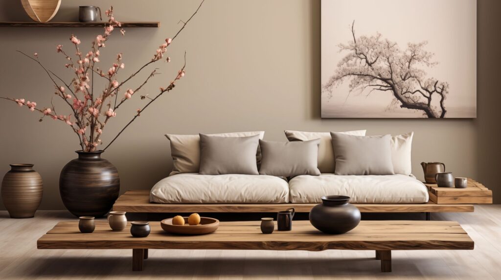 W minimalistycznym salonie znajduje się drewniana sofa z białymi poduszkami i szarymi poduszkami, pasujący niski stolik z ceramiką, duży wazon z różowymi kwiatami oraz grafika ścienna przedstawiająca drzewo na beżowym tle.