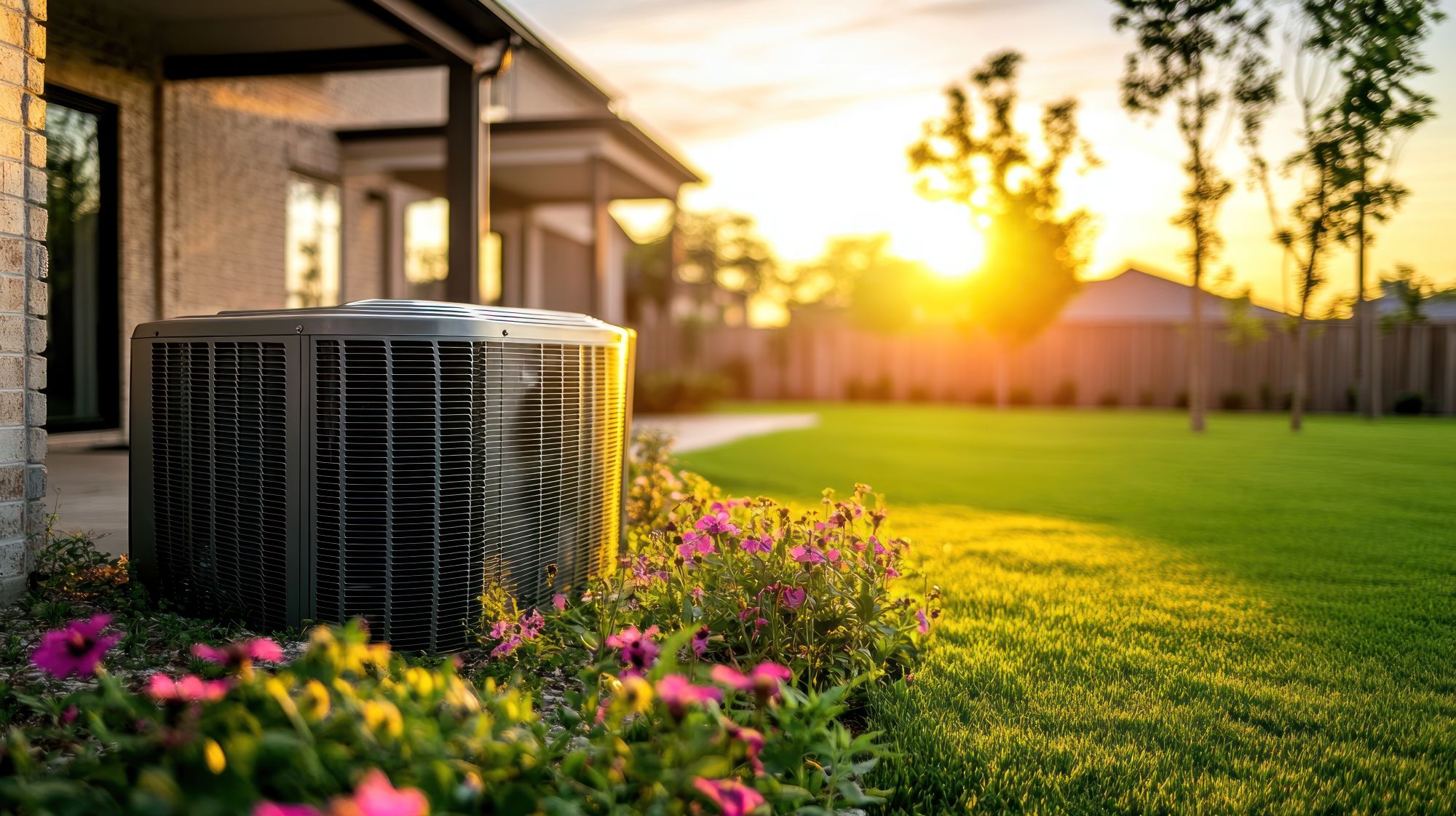 Zewnętrzny klimatyzator znajduje się obok domu otoczonego kwitnącymi kwiatami i zadbanym trawnikiem, a w tle zachodzi słońce, rzucając ciepłe, złote światło na podwórko.